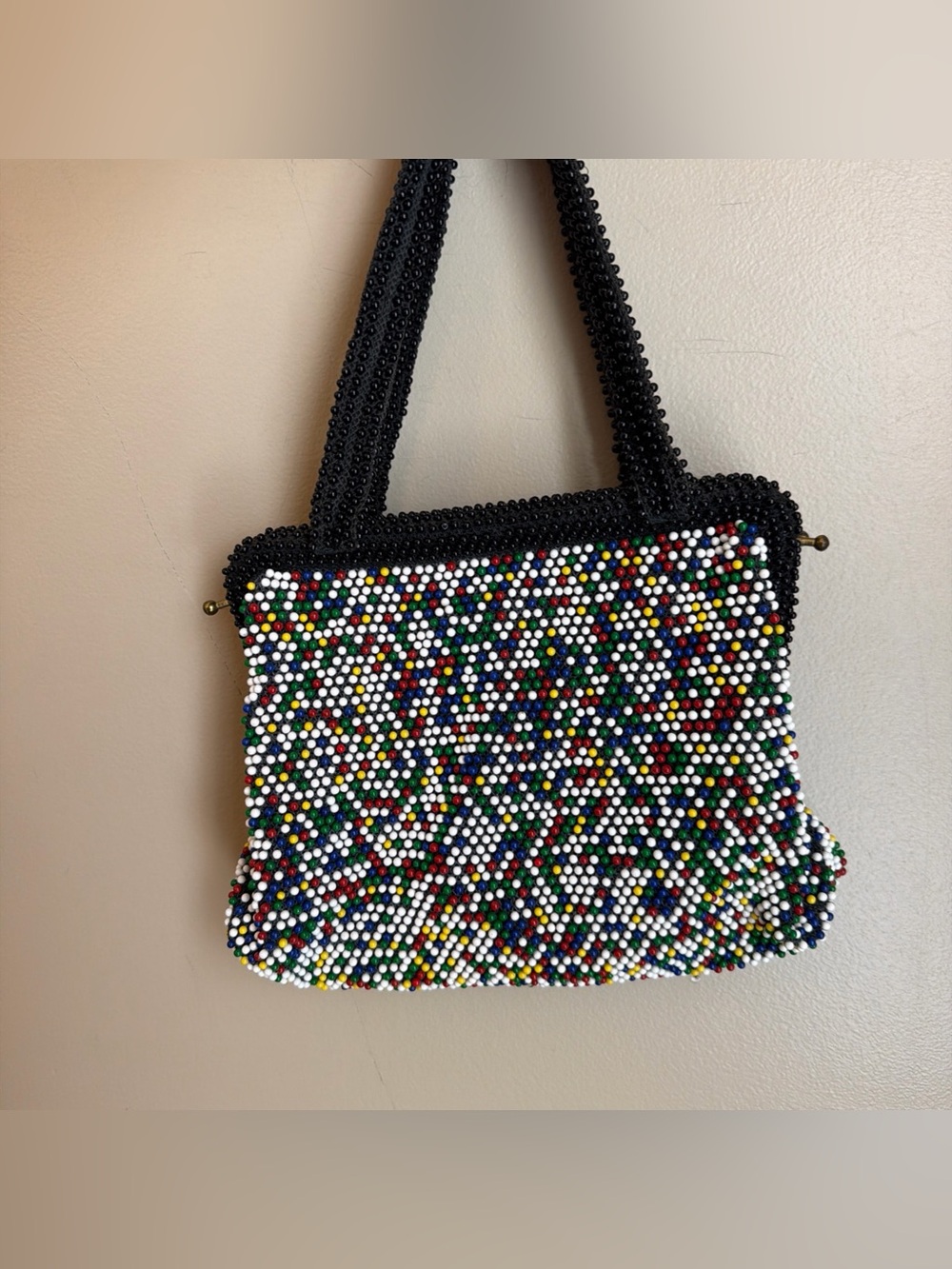 Vintage Candy Dot Purse, Black Plastic Multicolor Beads Beaded Clutch Bag Fun